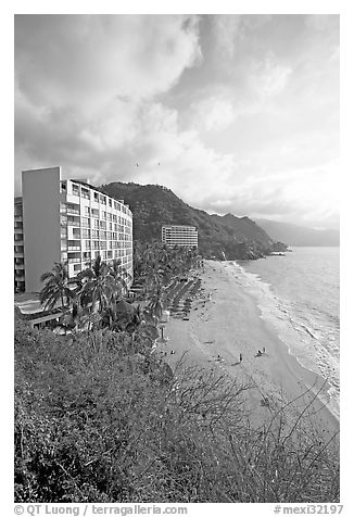Resort building and beach, Puerto Vallarta, Jalisco. Jalisco, Mexico (black and white)