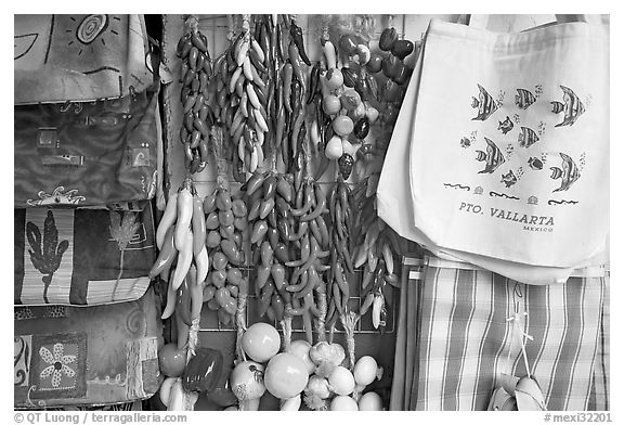 Crafts and bags for sale, Puerto Vallarta, Jalisco. Jalisco, Mexico (black and white)