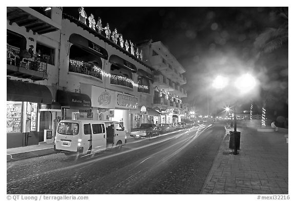 Malecon at night, Puerto Vallarta, Jalisco. Jalisco, Mexico (black and white)