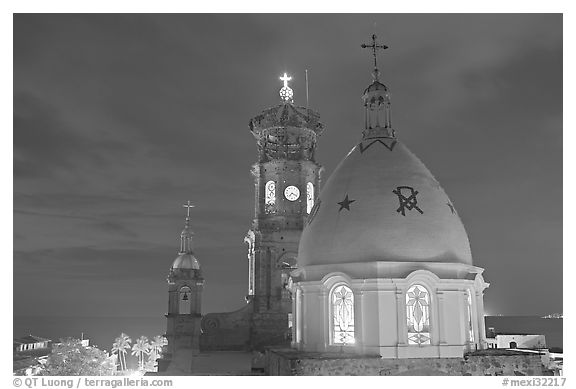 Cathedral at night, Puerto Vallarta, Jalisco. Jalisco, Mexico (black and white)