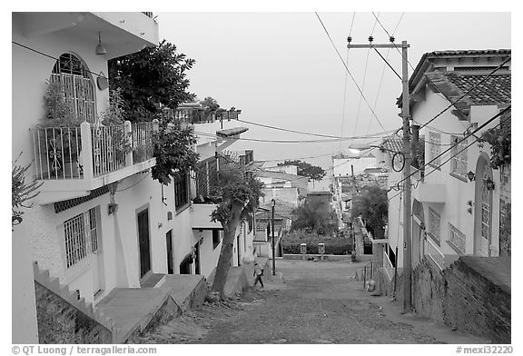 Steep street in morning foggy weather, Puerto Vallarta, Jalisco. Jalisco, Mexico (black and white)