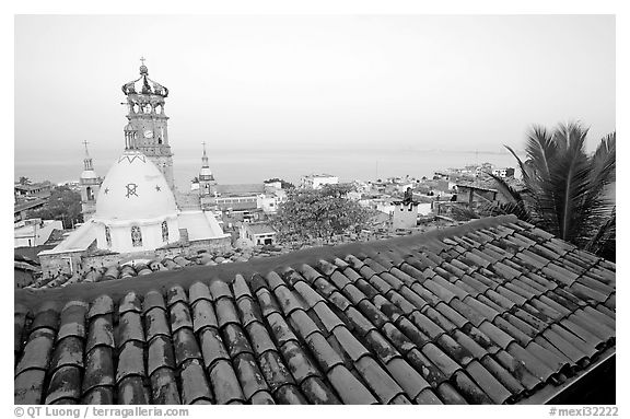 Tiled rooftop and Cathedral, and ocean at dawn, Puerto Vallarta, Jalisco. Jalisco, Mexico