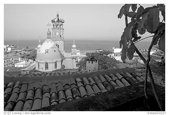 Red-tiled roof and Templo de Guadalupe Cathedral, early morning, Puerto Vallarta, Jalisco. Jalisco, Mexico (black and white)