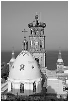 Templo de Guadalupe and ocean, morning, Puerto Vallarta, Jalisco. Jalisco, Mexico (black and white)