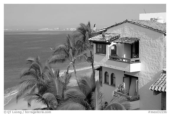 House, palm trees and ocean, Puerto Vallarta, Jalisco. Jalisco, Mexico (black and white)