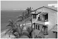 House, palm trees and ocean, Puerto Vallarta, Jalisco. Jalisco, Mexico ( black and white)
