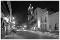 Street by night with light trails. Zacatecas, Mexico (black and white)