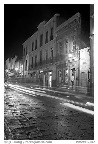 Street by night with light trails. Zacatecas, Mexico (black and white)