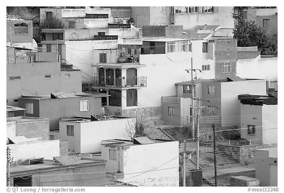 Vividly painted houses on hill. Zacatecas, Mexico (black and white)