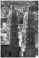 Twin towers of the Cathedral in Churrigueresque style. Zacatecas, Mexico (black and white)