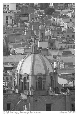 Dome of the Cathedral and rooftops. Zacatecas, Mexico (black and white)