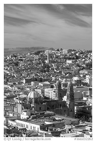 View of the cathedral and town. Zacatecas, Mexico (black and white)