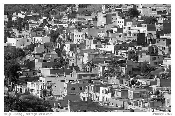 Neighborhood vith colorful houses seen from above. Zacatecas, Mexico (black and white)