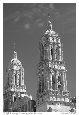 Churrigueresque towers of the Cathedral. Zacatecas, Mexico (black and white)
