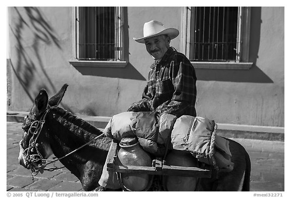 Man riding a donkey. Zacatecas, Mexico (black and white)