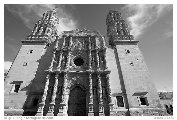 Facade of Cathdedral laced with Churrigueresque carvings, afternoon. Zacatecas, Mexico (black and white)