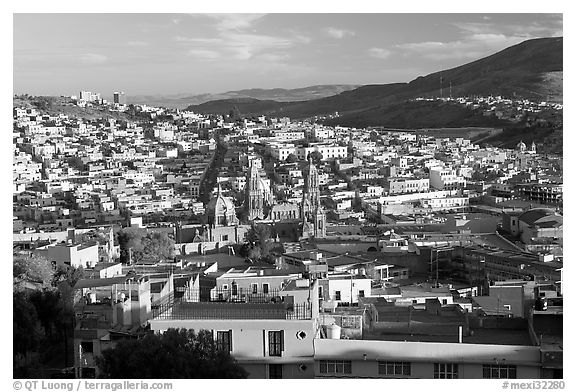 Panoramic view of town  from near the Teleferico, late afternoon. Zacatecas, Mexico