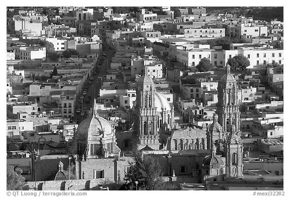 Cathedral and roofs seen from above, late afternoon. Zacatecas, Mexico (black and white)