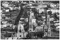 Cathedral and roofs seen from above, late afternoon. Zacatecas, Mexico (black and white)