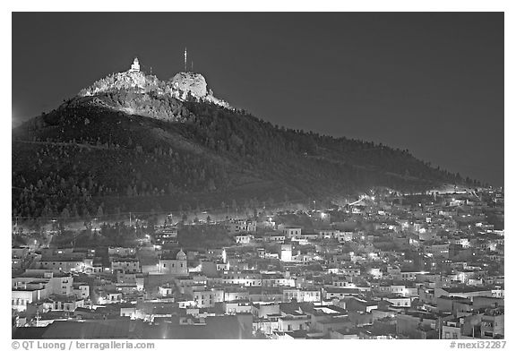 Cerro de la Bufa and town at night. Zacatecas, Mexico