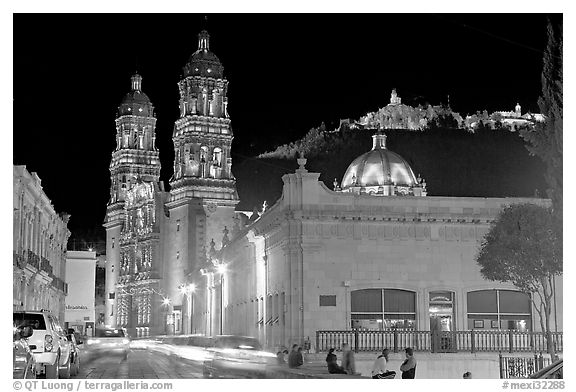 Gonzalez Ortega Market, Cerro de la Bufa, and Cathedral at night. Zacatecas, Mexico (black and white)