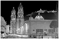 Gonzalez Ortega Market, Cerro de la Bufa, and Cathedral at night. Zacatecas, Mexico (black and white)