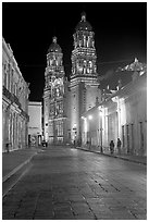 Hidalgo Avenue and Cathedral at night. Zacatecas, Mexico (black and white)