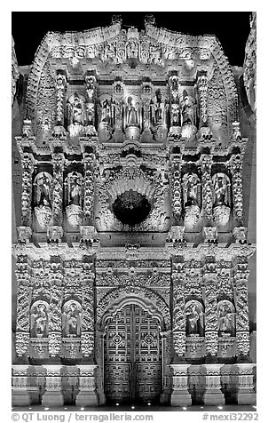 Illuminated churrigueresque carvings on the facade of the Cathdedral. Zacatecas, Mexico (black and white)