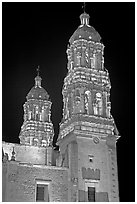 Churrigueresque towers of the Cathedral by night. Zacatecas, Mexico (black and white)