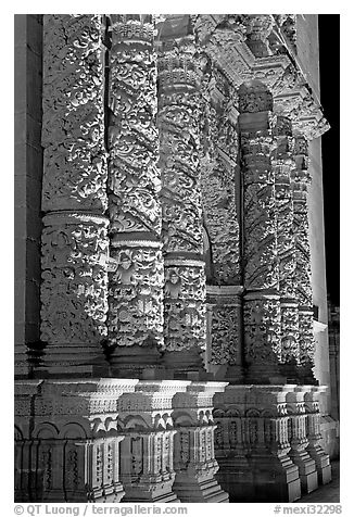 Churrigueresque columns on the facade of the Cathdedral. Zacatecas, Mexico (black and white)