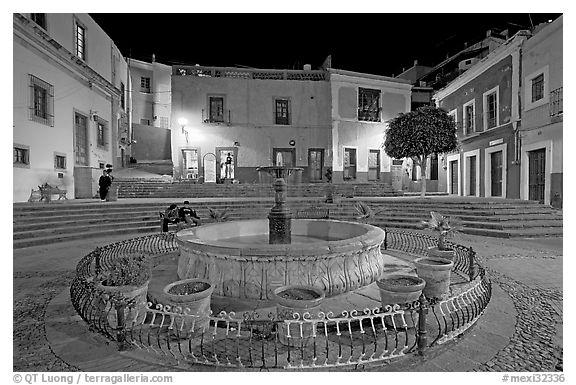 Fountain on Plazuela de los Angeles at night. Guanajuato, Mexico (black and white)