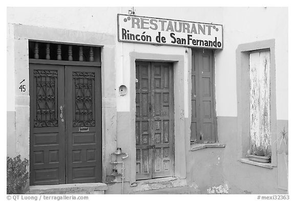 Closed doors of restaurant  Plazuela San Fernando. Guanajuato, Mexico (black and white)