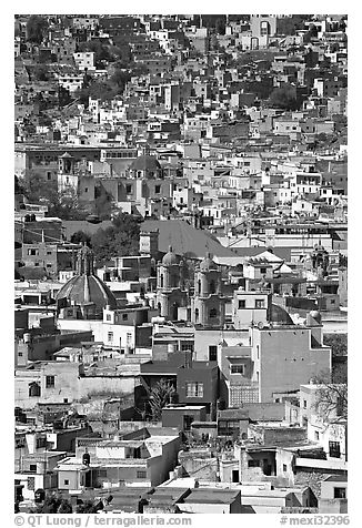 View of the city center with churches and roofs, mid-day. Guanajuato, Mexico