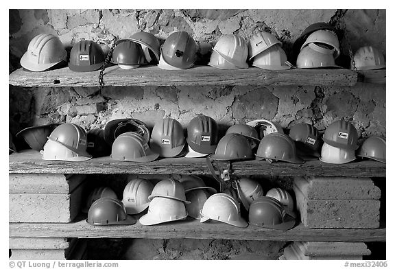 Hard hats used for descending into La Valenciana mine. Guanajuato, Mexico (black and white)