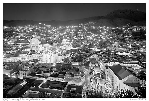 Historic town at night with illuminated monuments. Guanajuato, Mexico (black and white)