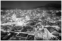 Historic town at night with illuminated monuments. Guanajuato, Mexico (black and white)