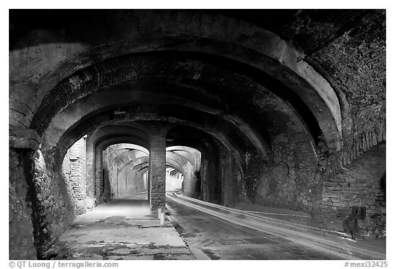 Subtarranean passageway with street and sidewalk. Guanajuato, Mexico (black and white)