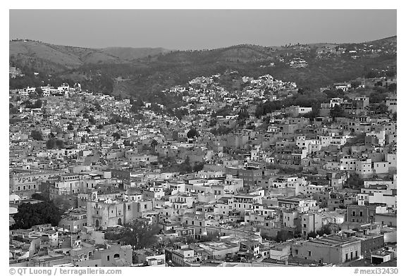 Panoramic view of the historic town and surrounding hills at dawn. Guanajuato, Mexico