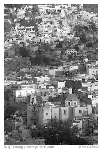 Church San Roque, and houses, early morning. Guanajuato, Mexico (black and white)