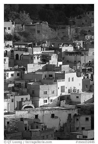 Vividly colored houses on hill, early morning. Guanajuato, Mexico (black and white)