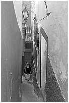 Looking down Callejon del Beso, the narrowest of the alleyways. Guanajuato, Mexico (black and white)