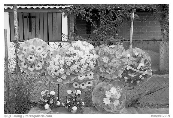 Floral wheels in a cemetery. Mexico (black and white)