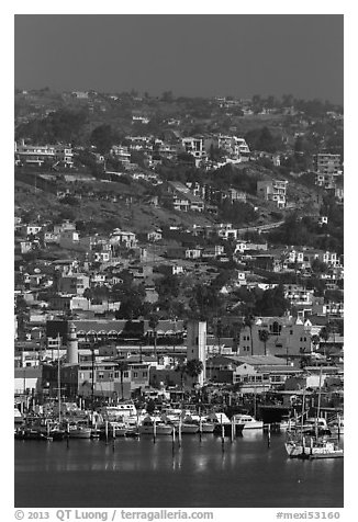 Harbor and hillside houses, Ensenada. Baja California, Mexico (black and white)