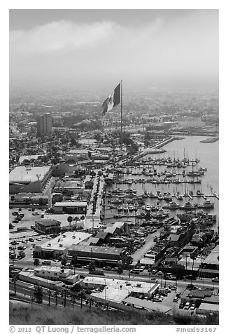 Harbor and giant Mexican flag from above, Ensenada. Baja California, Mexico (black and white)