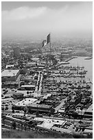 Harbor and giant Mexican flag from above, Ensenada. Baja California, Mexico (black and white)