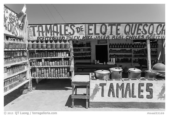Roadside tamales stand. Baja California, Mexico (black and white)