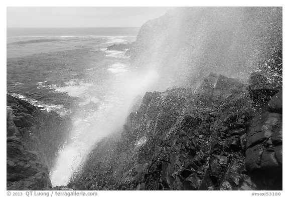 Jet of water blowing up 30 meters, La Bufadora. Baja California, Mexico (black and white)