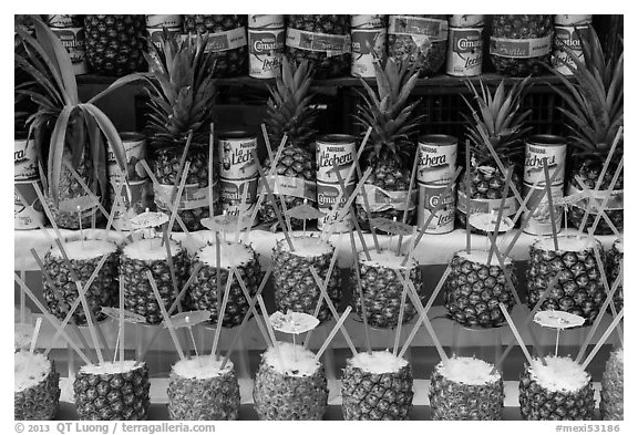 Pinacoladas prepared in pineapple shells. Baja California, Mexico (black and white)