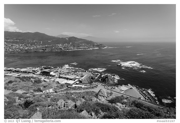 Bay, market, and blowhole visitor center, La Bufadora. Baja California, Mexico (black and white)