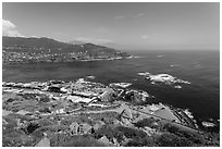 Bay, market, and blowhole visitor center, La Bufadora. Baja California, Mexico ( black and white)